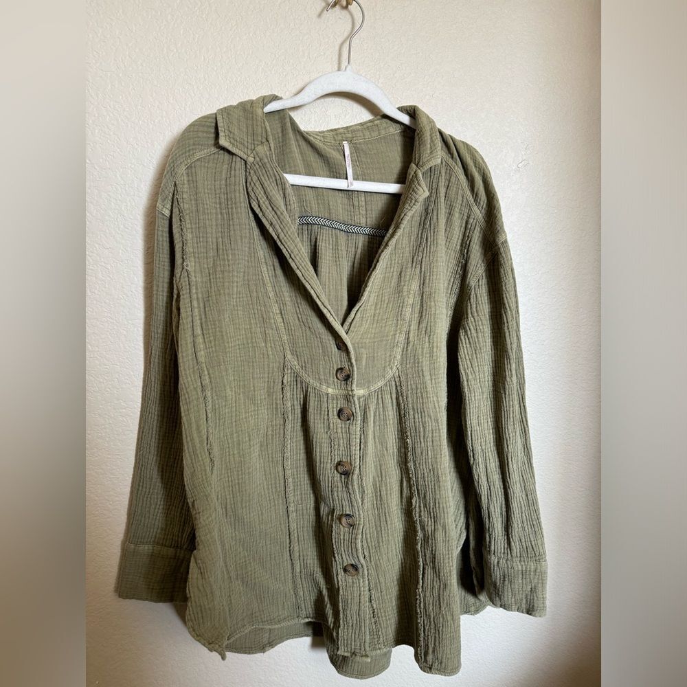 Free People all about the feels button down top tunic shirt sz large in green